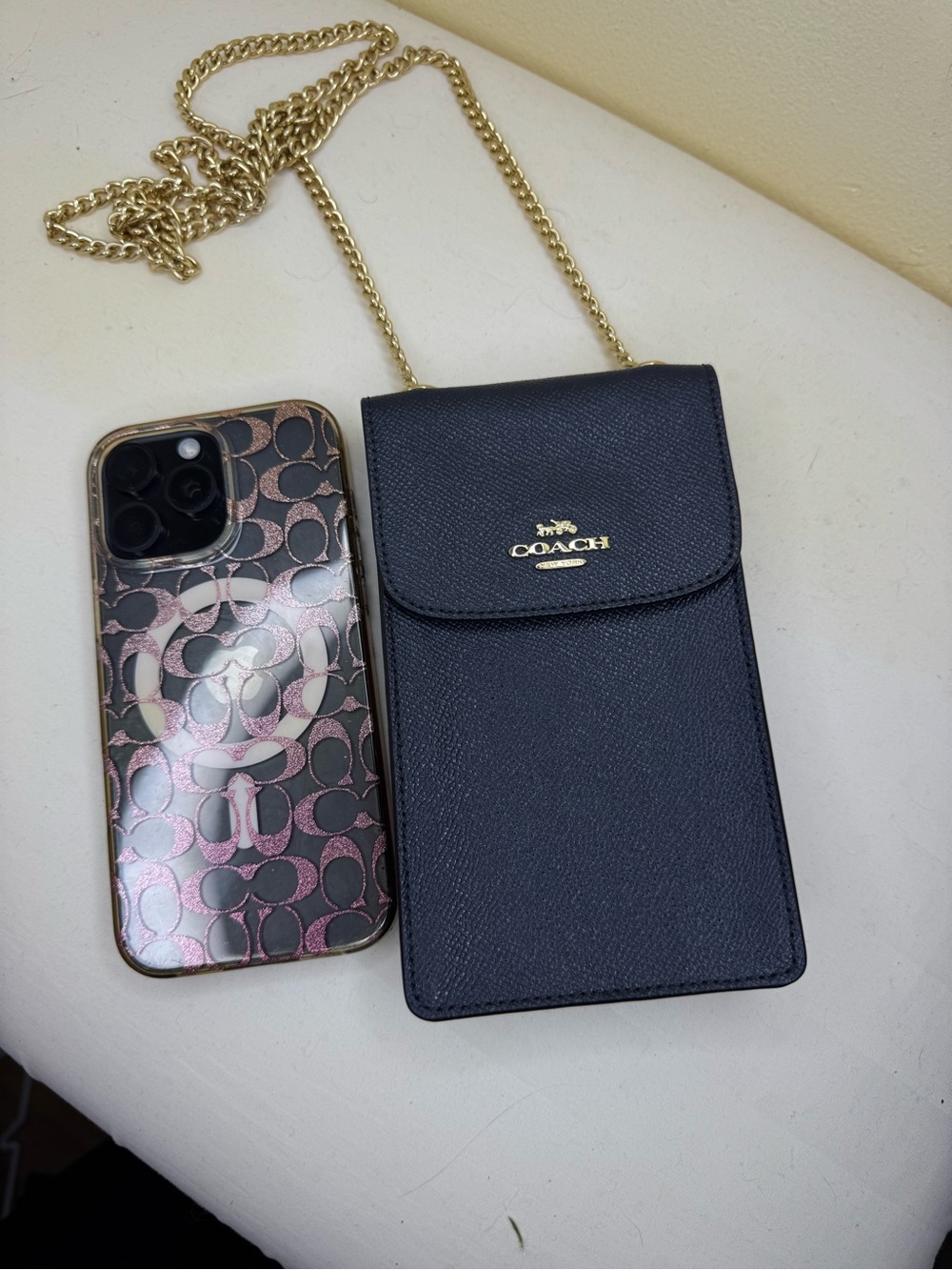 COACH navy blue Crossbody Phone Pouch with Gold Chain straps